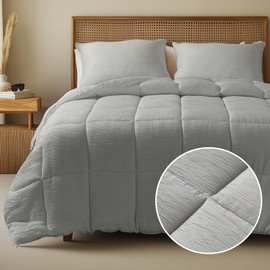 KASENTEX Crinkle Comforter Set Queen Size, Fluffy Lightweight 3-Piece Bed Set,Soft Warm Down Alternative Duvet Insert,Breathable Muslin Comforter,Machine Washable, All-Season, Silver Gray