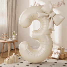 40 Inch Cream Number 3 with Bow Balloons, Giant Self Inflating Beige Foil Numbers 0-9 with Bow for 3rd Birthday Decoration, Ivory White Sand 3 Helium Balloons for Girls Women Birthday Party Supplies