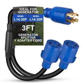 4-Prong 30 Amp Generator Splitter Y Adapter NEMA L14-30P to 2X L14-30R, 10 AWG SJTW Locking Power Cord, 125/250V 7500W for Manual Transfer Switch, Portable Generators & Emergency Power, 3ft