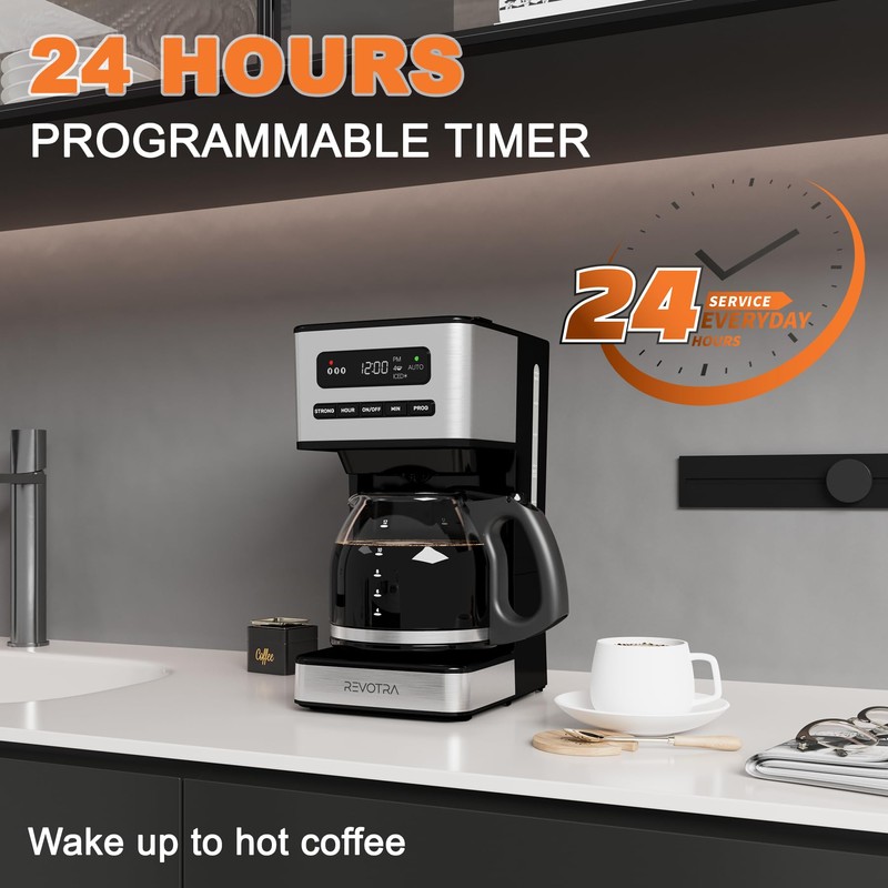 REVOTRA 12-Cup Programmable Coffee Maker, Regular & Strong Brew Drip