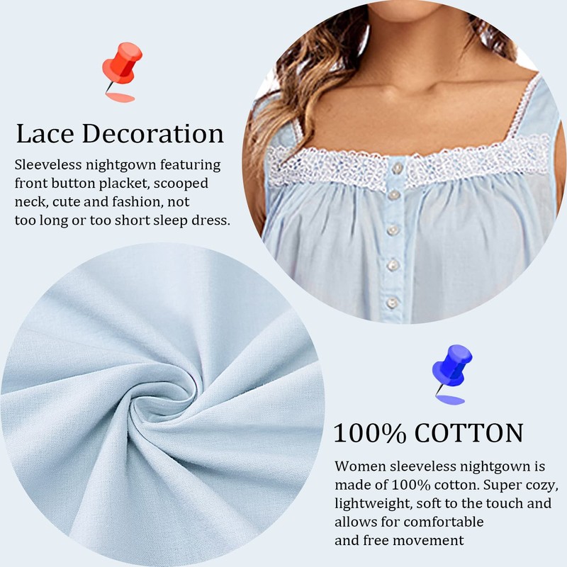 FMIRREO - Camisón de algodón para mujer, sin mangas, cómodo,
