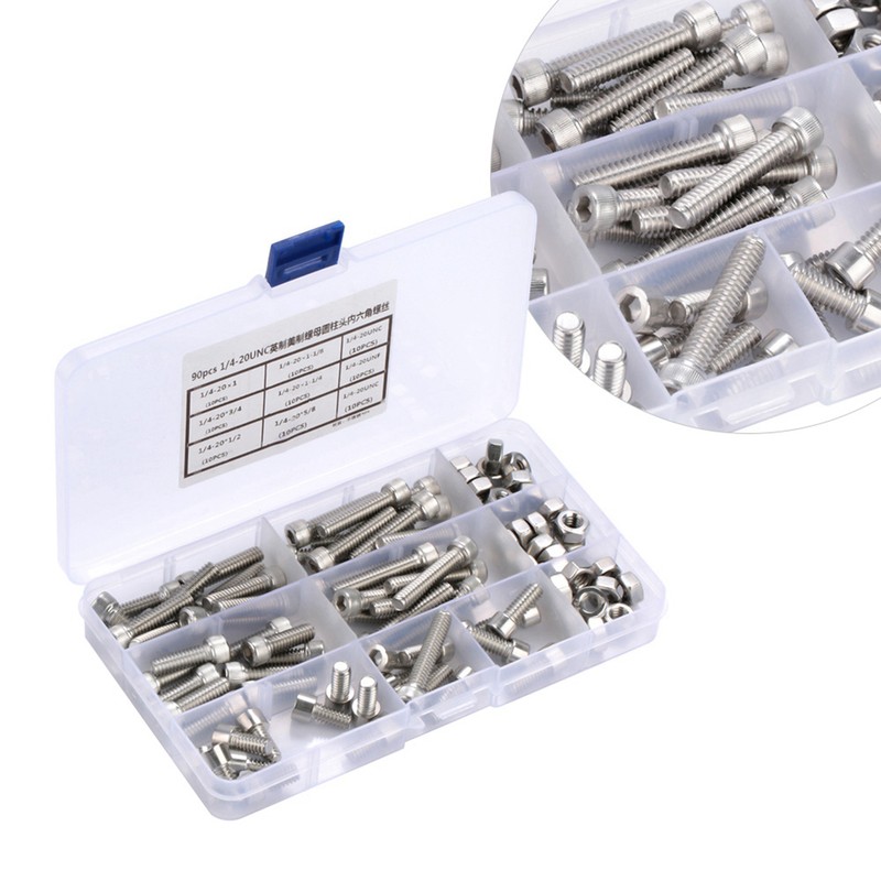 90pcs 1/4-20UNC Stainless Steel Hex Socket Cap Head Bolts Hex