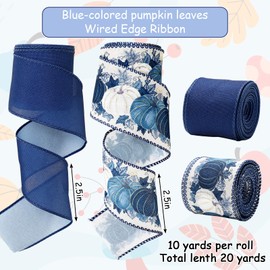 FYSUIMU Fall Wired Edge Ribbon 20 Yards Blue White Glitter Pumpkin Fabric Ribbons Autumn Craft Ribbon for Farmhouse Thanksgiving Wreath Bow DIY Crafts, 2 Rolls