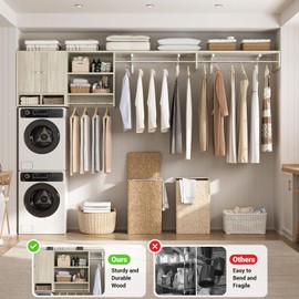 Unikito Over Washer and Dryer Storage Shelves and Organizer, Wall Mounted Laundry Room Shelf with 3 Hanger Rods, Laundry Room System, Space Saver Clothes Drying Rack, 118" W x 16" D x 25" H, White Oak