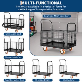 6in1 Foldable Platform Truck Cart with Cage Platform Truck,1800lbs Push Cart Dolly Capacity Flatbed Hand Truck Dolly Cart Multipurpose for Grocery, Laundry, Garage, Warehouse