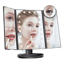 Espejo Maquillaje con Luz Iluminacíon 21 LED y Aumento 1X / 2X / 3X 10X, Pantalla Táctil de 180º Ajustable, Espejo Cosmético Tocador Tríptico con Luz 