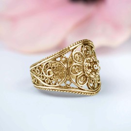 Filigranist 14k Gold Plated / 925 Sterling Silver Lace Embroidery Filigree Art Flower Theme Women Cocktail Statement Ring, Gift Boxed (Gold Plated Silver, 6.5)