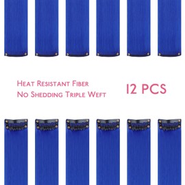 WENNALIFE Pack of 12 Blue Hair Strands for Clip-In Hair Strands, Children, Clip-In Hair Extensions, Colourful Hair Strands, Children's Hair for Braiding, Girls, Straight Party Hair Extensions
