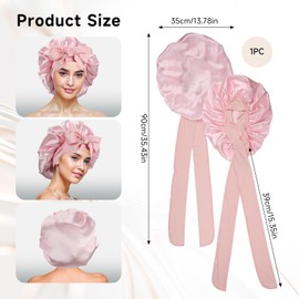 Silk Hair Bonnet for Sleeping, OIHCAZ 1PCS Pink Satin Bonnets for Curly Hair for Women Adjustable Elastic Strap Silk Hair wrap with Ties Soft and Breathable Easy to Use