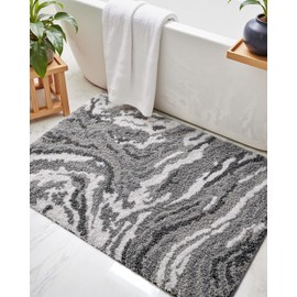 DEXI Bathroom Rug Mat 24x36, Non Slip Machine Washable Marble Bathmat, Absorbent Thick Microfiber Rugs, Soft Plush Carpet for Shower Floor, Tub, Sink, Bath Accessories Decor, Grey and White