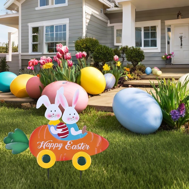 hogardeck Easter Decorations Outdoor, Metal Bunny Carrot Cart Decorative Garden