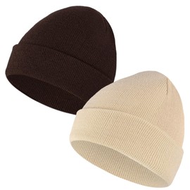 Fiohiros 2 Pack Kids Beanie, Baby Toddler Beanie, Warm Soft Stretchy Unisex Knit Winter Hat for Boys, Girls 3-17 Years (AU, Age, 3 Years, 17 Years, 2 Pack Brown+Beige)