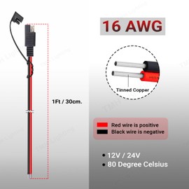 TMH 16 AWG Connector Cable 1 FT SAE Connector Extension Cable 2 Pin, 10 Amp Quick Connector Disconnect Plug for Solar Panel, Cars, Tractor, RV, SAE Plug - SAE (3 Packs)