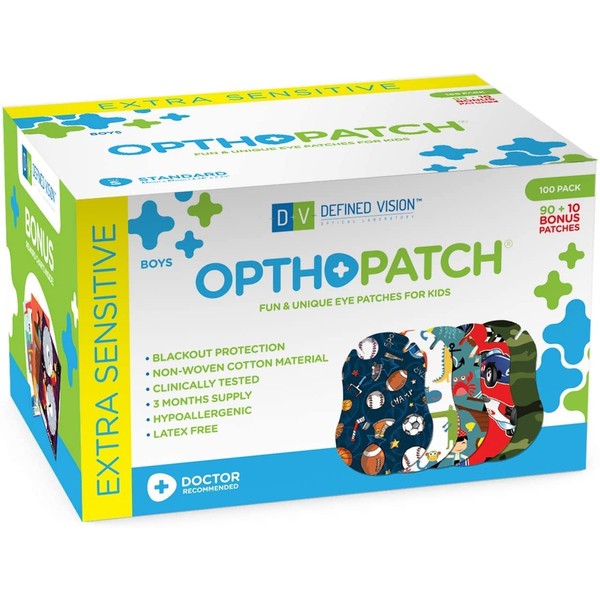Opthopatch Kids Eye Patches - Fun Boys Design - 30 + 10 Bonus Latex Free Hypoallergenic Cotton Adhesive Bandages for Amblyopia and Cross Eye by Defined Vision