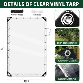 8' x 10' Heavy Duty Clear Tarp Waterproof, 14 MIL Thick PVC Transparent Tarpaulin, Tear-Resistant Clear Tarps with Grommets for Greenhouse Patio Porch
