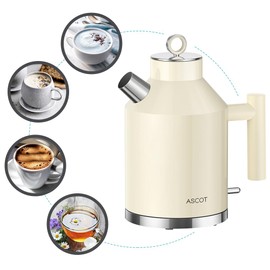ASCOT Electric Kettle, 1.5L Stainless Steel Interior, Plastic-Free, 1500W Fast Boil, Retro Design, Auto Shut-Off & Boil-Dry Protection, Cream