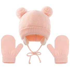 HTTDSLF Baby Hat and Gloves Set, Baby Girl Hat, Toddler Winter Knitted Hat, Winter Baby Hat, Warm Winter Hat with Bobble, pink