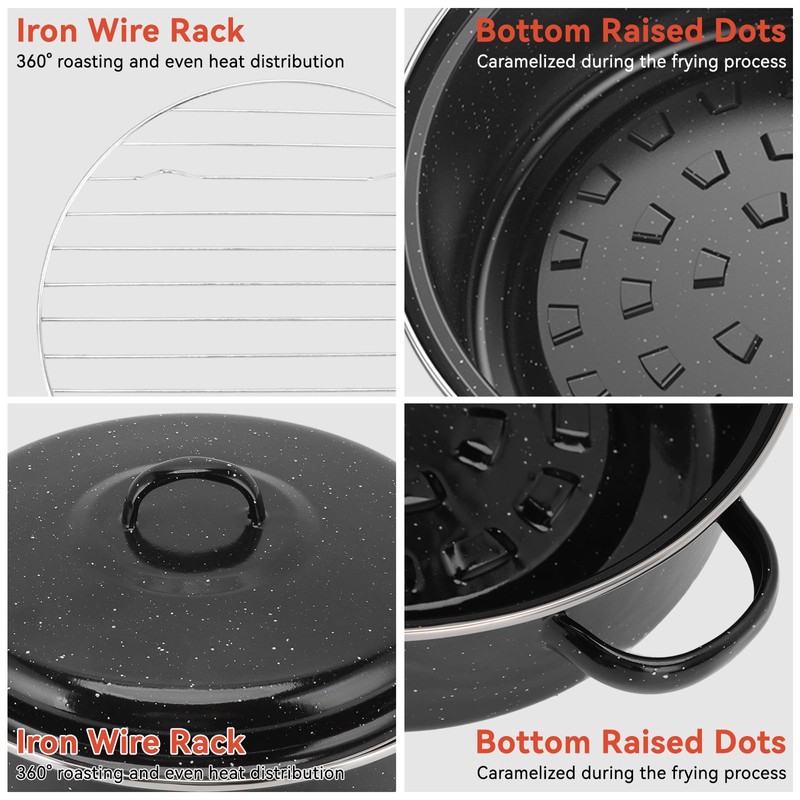 Black Enameled Steel Round Roaster Pot with Iron Lid and