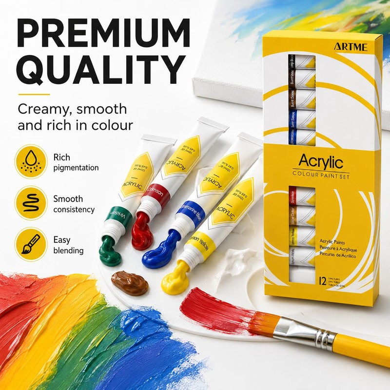 Artme Acrylic Paint Set, 12 x 12ml Tubes, Non-Toxic Rich