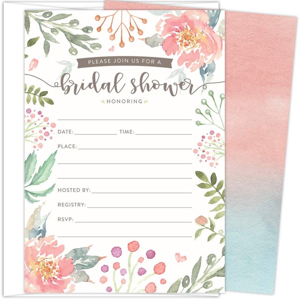 Koko Paper Co Bridal Shower Invitations. Set of 25 Fill-in Style Cards and White Envelopes. Light Pink and Green Florals Designs. Printed on Heavy Card Stock.