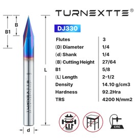 Turnextte 30 Degree V-Groove Engraving Bit, Carbide CNC Chamfer End Mill 3 Flutes 1/4 inch Cutting Diameter and 1/4 inch Shank with Nano Blue Coated Carbide End Mill for Carving Engraving