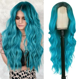 NAYOO Long Ombre Bluish Green Wavy Wig for Women 26 Inch Middle Part Curly Wavy Wig Natural Looking Synthetic Heat Resistant Fiber Wig for Daily Party Use (Ombre Bluish Green)