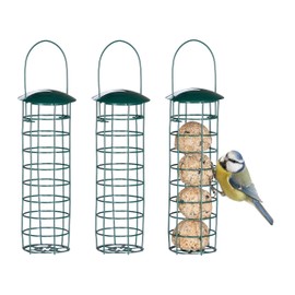 Relaxdays Fat Ball Holder, Set of 3, for Hanging, H x D 31 x 8.5 cm, Bird Feeder for Wild Birds, Metal, Dark Green