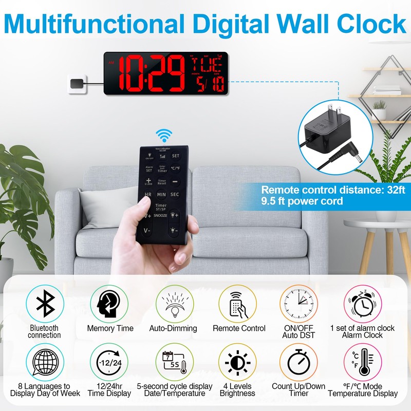 CYMHCHL 17.2" Large Digital Wall Clock Bluetooth Auto Time Sync