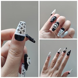 CEBOIC Stick-on nails, press on nails, ballerina black, white and silver with vintage frame, hand-painted luxury reusable gel nails for girls, women, daily party, set of 10