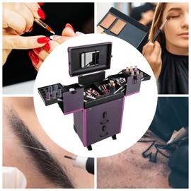 LUNUMAOS Rolling Vanity Case Trolley, Professional Vintage Trolley Hairdressing Tool Box, Portable Vanity Cosmetic Organiser Multifunctional Hairdressing Tool Organiser For Home Shop(Purple)