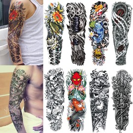 Yesallwas Tattoo Stickers, Large, Features, Shoulder to Wrist, Set of 8, Carp, Lotus Flower, Japanese Pattern, Tattoo Stickers, Realistic, Large, Waterproof, Long Lasting, Japanese Carving, Tattoo Stickers, Body Stickers, Men's, Full Arm, 6.7 x 18.9 inch