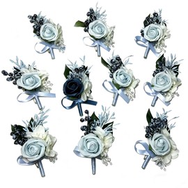 BECIEM 10PCS Boutonniere for Men, Wedding Prom Boutonniere for Groom Groomsmen Guest, Artificial Flowers for Wedding Decor Prom Homecoming