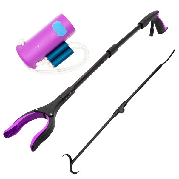 Luxet 3 in 1 Combo Kit Long Foldable 32” Lightweight Strong Grip Reacher Grabber with Magnetic tip, Multipurpose Foldable l Dressing Aid Shoe Horn Stick Deluxe Sock Aid Stocking Pull On Helper Pink