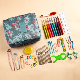 JOZEA 58pcs Crochet Kits, Including 9 Pieces of Crochet Hooks, Yarn and Storage Case, Crochet Hooks Set, Crochet Accessories and Knitting Accessories, for Beginners, Dark Green