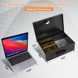 KYODOLED Fireproof Document Box with Key Lock, Small Lock Boxes for Personal Items, Fire and Water Resistance, Fireproof Safe Box for Documents, Jewelry, Passport, Cash, 12.6'' x 8.3'' x 4.3'' Black