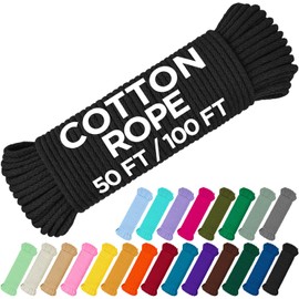 TECEUM Cotton Rope 3/16” (5 mm) – 50 FT – Strong All-Purpose Braided Rope – Natural Cotton – for Crafting, Сamping, Clothes Line, DIY, Indoor & Outdoor Use – Black