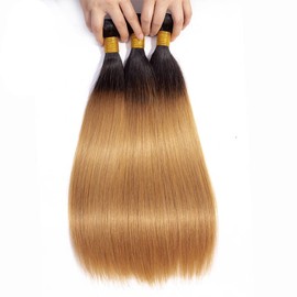 Ombre 1B27 Straight Human Hair Bundles Tow Tone Black to Honey Blonde Bundles Brazilian Remy Hair Grade 12A Human Hair Weaves Extensions Straight Hair Bundles for Women 14 16 18 Inches