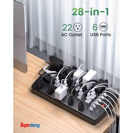 Power Strip Surge Protector, SUPERDANNY Power Strip with 22 Outlets & 6 USB Ports, 6.5Ft Extension Cord Flat Plug (Black)