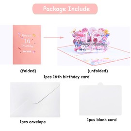 16th Birthday Card 3D Pop Up Birthday Card 16 Years Old Birthday Card 16th Birthday Decorations for Girl Happy 16 Years Old Birthday Gifts