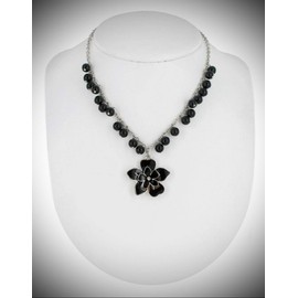 Pendant Necklace Black Silver Tone Beaded Fringe Flower 16-19" Statement Chunky Pendant Rhinestone Necklace for Women