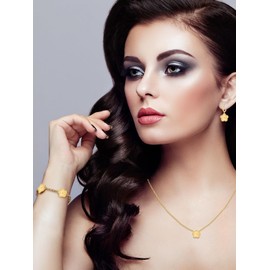 Qinpan Gold Plated Five Leaf Clover Dot Necklace Bracelet and Dangle Earrings Set for Women Lucky Flower Jewelry (Gold-14K Gold Plated)