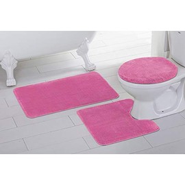 Elegant Homes 3 Piece Bathroom Rug Set Bath Rug, Contour Mat, Lid Cover Non-Slip with Rubber Backing Solid Color # Angela (Hot Pink)