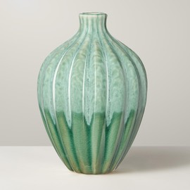 Torre & Tagus Allium Reactive Glaze Ceramic Bud Vase - 6 Inch Small Flower Vase & Small Ceramic Vase for Flowers, Handmade Ribbed Bud Vases for Home Decor & Wedding Decor for Table (Round Green Vase)