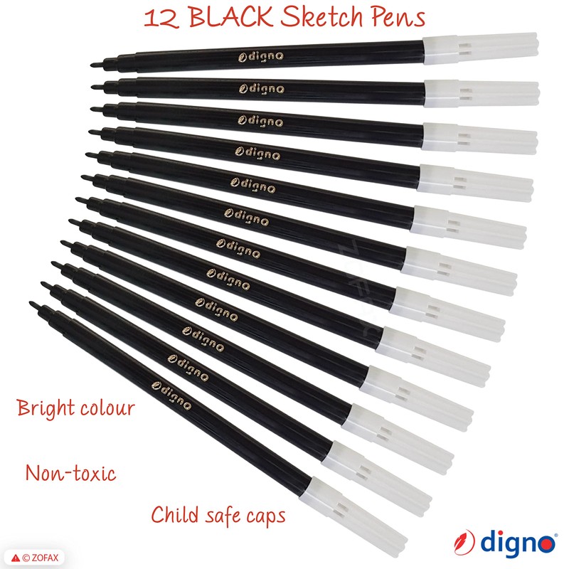 DIGNO SketchStic Felt Tip Pens, BLACK, Pack of 12, Fibre
