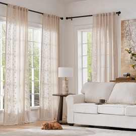 jinchan Linen Curtains for Bedroom 63 Inches Length Linen Blended Embroidered Floral Curtains for Living Room Farmhouse Decor Light Filtering Window Treatments Ivory on Beige Drapes 2 Panels