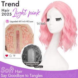 Eawwii Light Pink Short Wavy Wig for Women Lace Hairline Bob Style Synthetic Heat Resistant - Natural Appearance for Everyday Hairstyle 14 Inch