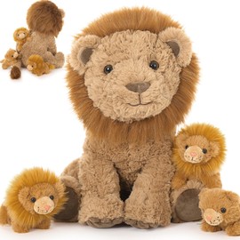 MorisMos Big Lion Teddy Stuffed Animal, 45cm Cuddly Fluffy Lion Mommy with 3 Babies Inside, Large Brown Lion Soft Toys Kawaii Lion Plushies Present for Kids Birthday Deco