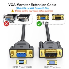 UV-CABLE VGA Extension Cable, VGA Cable Male to Female 6 Feet 15 Pin (Not 9 Pin), SVGA Male to Female HD15 Monitor Video Adapter Cable Support 1080P Full HD for Laptop, PC, Projector, HDTV, Display