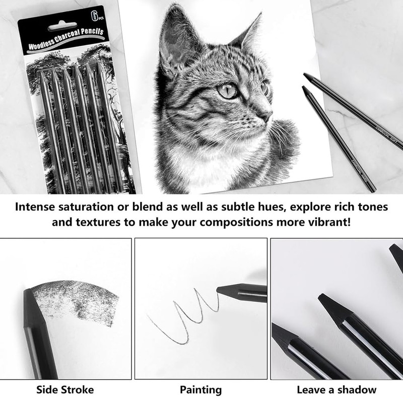 Yeenao Charcoal Pencils Set,6 Pieces Charcoal Pencils and Sticks Set