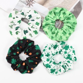 Lonext 4 Pieces St. Patrick's Day Hair Scrunchies Irish Green Shamrock Holiday Elastic Hair Bands